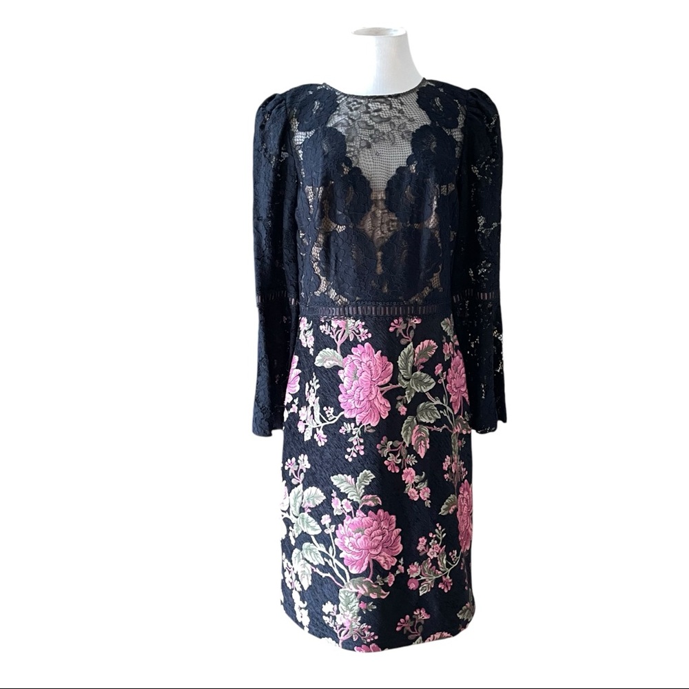 Tadashi Sohji Sheath Dress Black Lace Floral Bottom